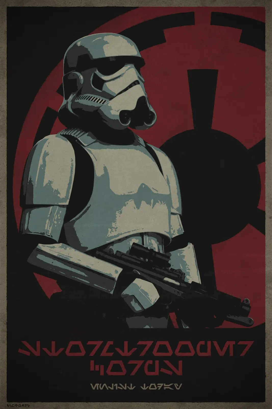 A stylized propaganda poster features a Stormtrooper in white armor holding a blaster rifle, set against a red Imperial…