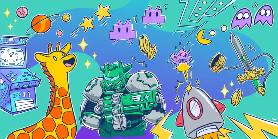 A colorful cartoon illustration features a yellow giraffe with a joyful expression, a green armored robot holding a weapon…
