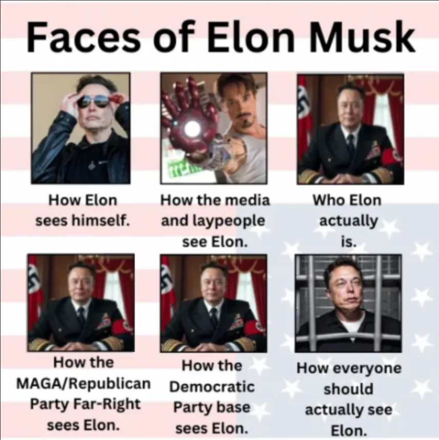 A meme titled 'Faces of Elon Musk' displays six images of Elon Musk with captions. The top row shows him in sunglasses, as…