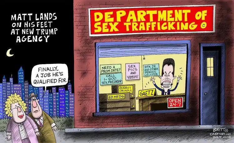 A cartoon depicts two people walking at night past a storefront labeled 'DEPARTMENT OF SEX TRAFFICKING'. Inside, a…