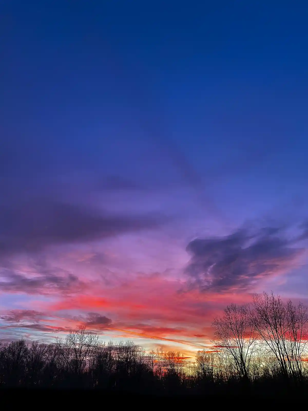 A photograph of a vibrant sunset or sunrise with a gradient sky transitioning from deep blue at the top to purple and fiery…
