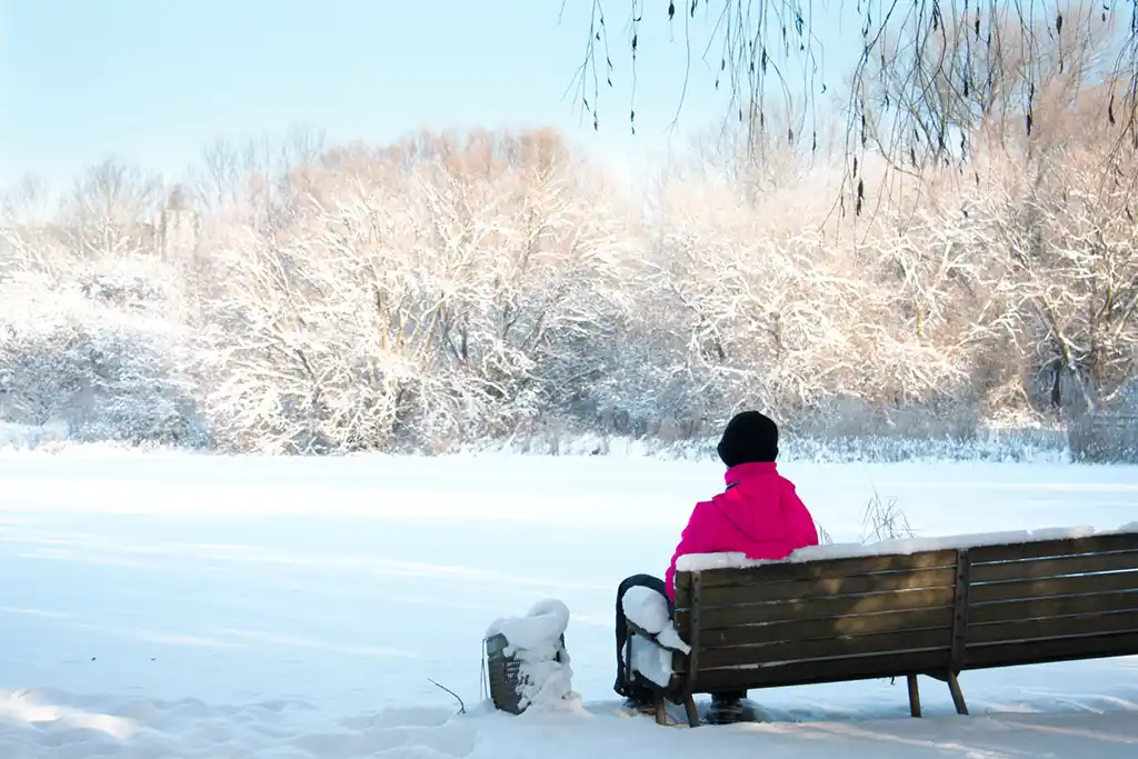 A person wearing a bright pink jacket and black beanie sits on a snow-covered wooden bench in a snowy park, facing away from…