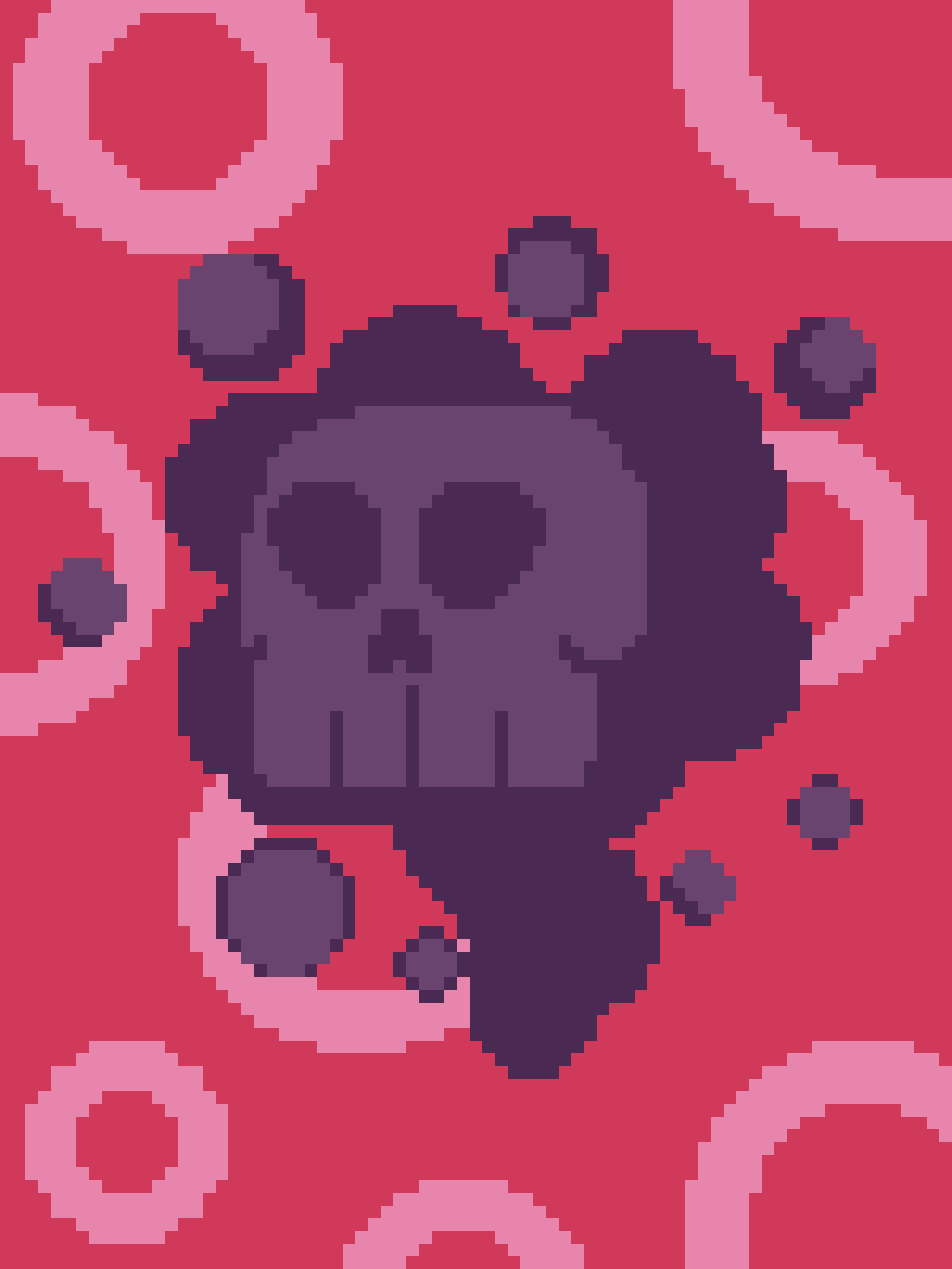 A pixelated image shows a dark purple skull with a wide, toothy grin, surrounded by pinkish-red swirling lines and small…