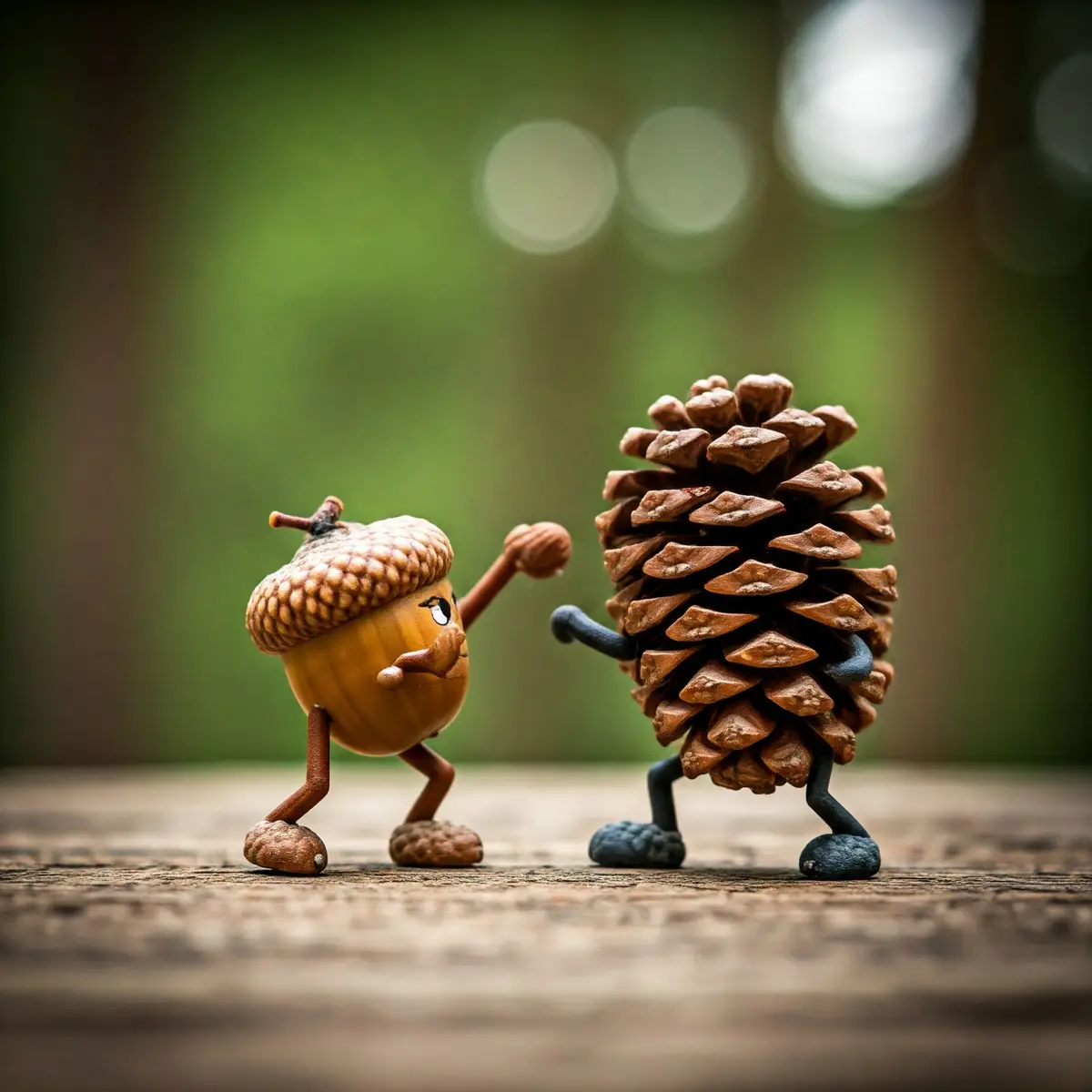An acorn and a pinecone, both anthropomorphized with stick arms and legs, stand facing each other on a wooden surface. The…