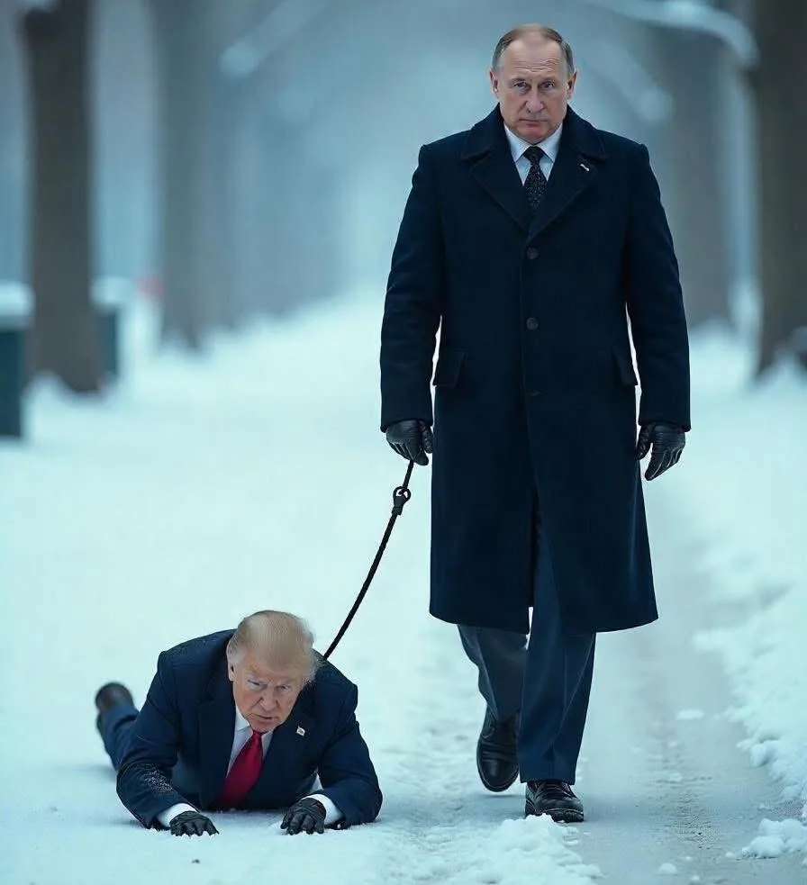 A digitally altered image shows Vladimir Putin standing upright in a dark coat and gloves, holding a leash that is attached…
