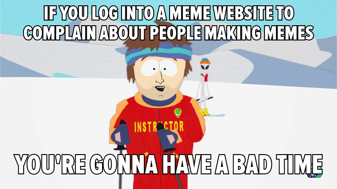 A cartoon character in a red ski instructor outfit with a blue headband stands in snowy terrain, looking surprised. Behind…