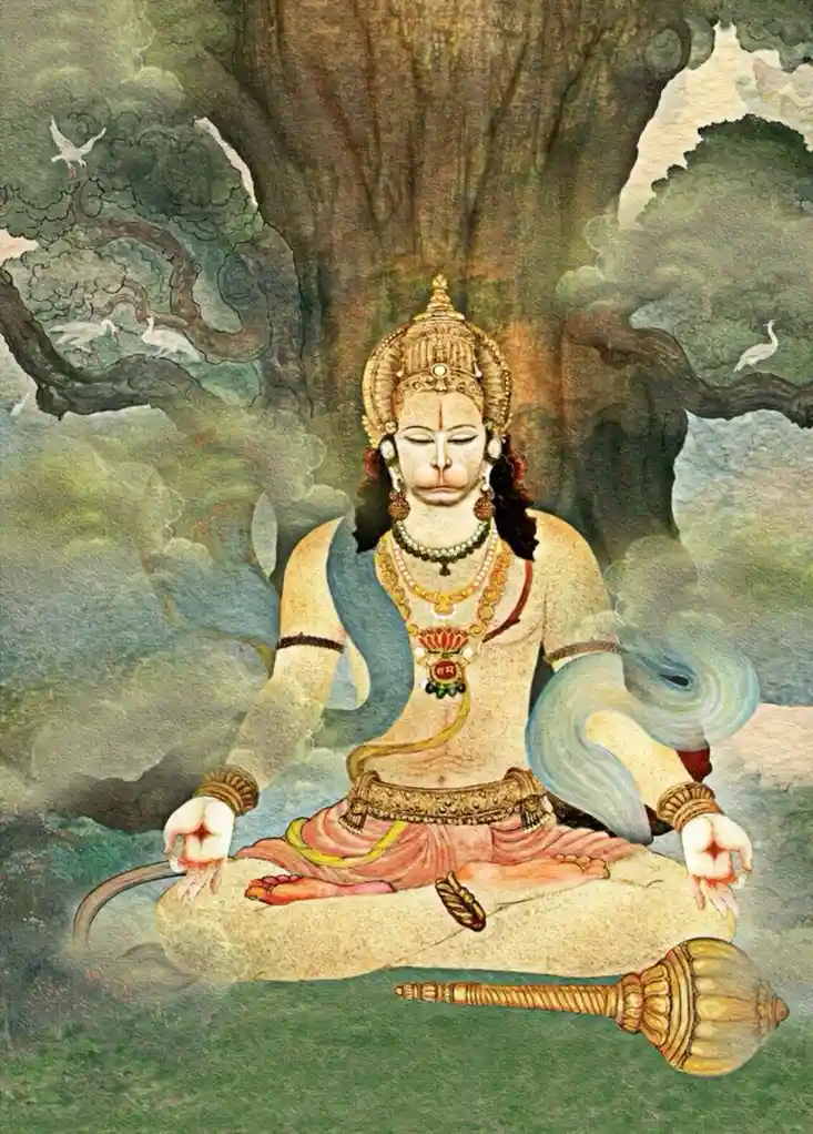 A traditional painting depicts a serene, adorned deity with closed eyes, seated cross-legged under a large tree with white…