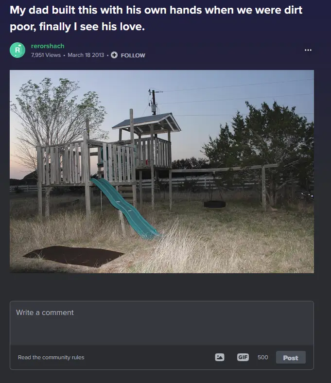 An image of a large, homemade wooden backyard playset with a green slide and a tire swing, set in a grassy yard with trees…