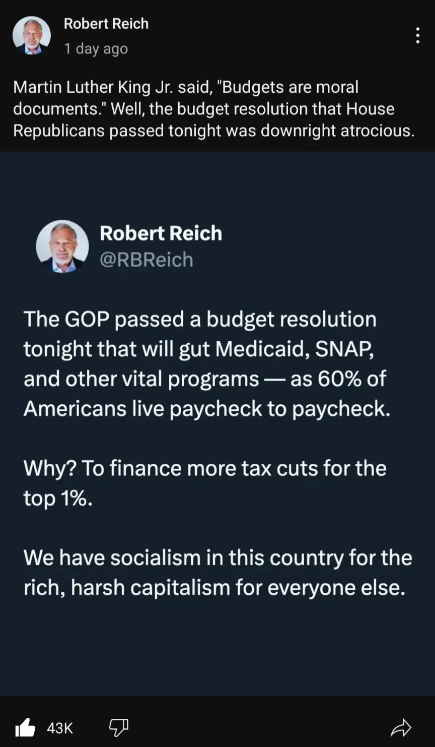 A screenshot of a Twitter post by Robert Reich criticizing a GOP budget resolution, quoting Martin Luther King Jr. and…