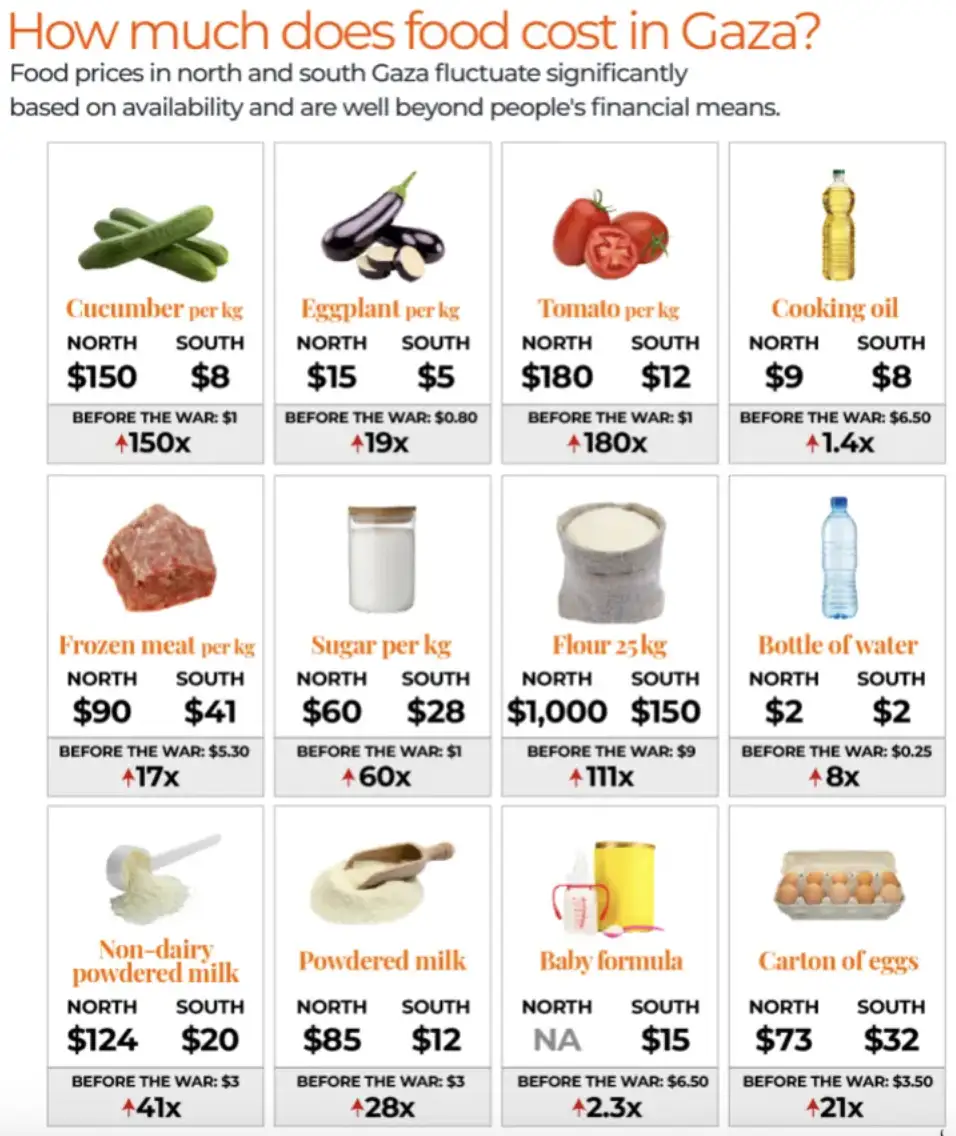 An infographic titled 'How much does food cost in Gaza?' displays a grid of 12 food items with images, current prices in the…