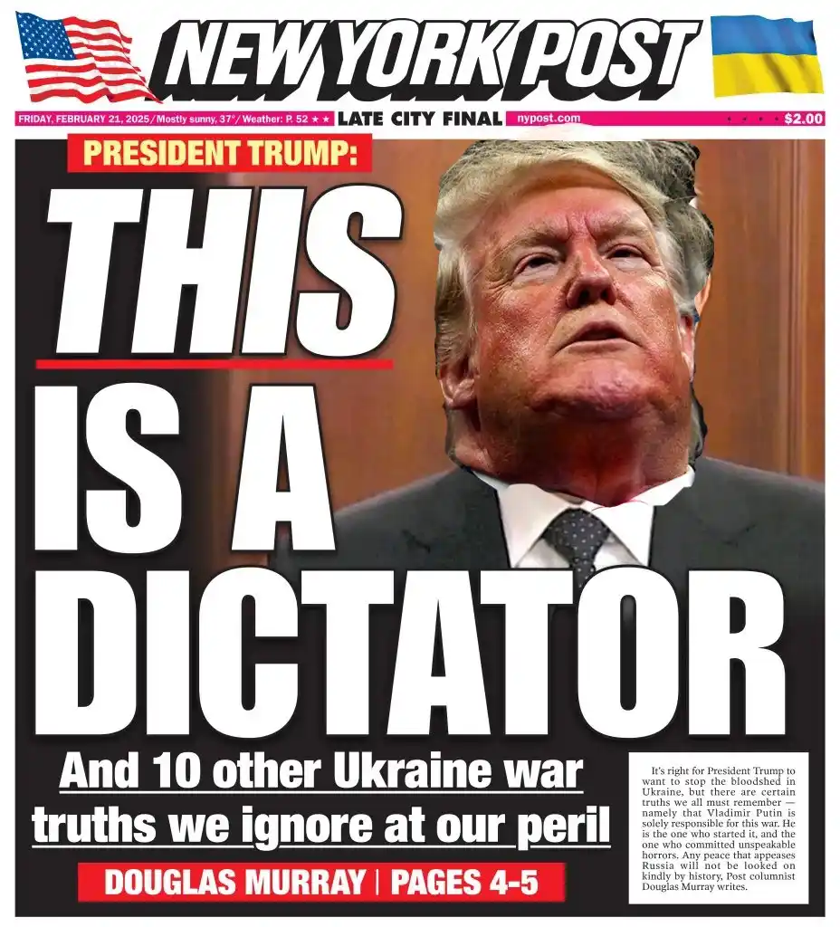 The image is a digitally altered newspaper front page mimicking the New York Post, featuring a photo of Donald Trump with…