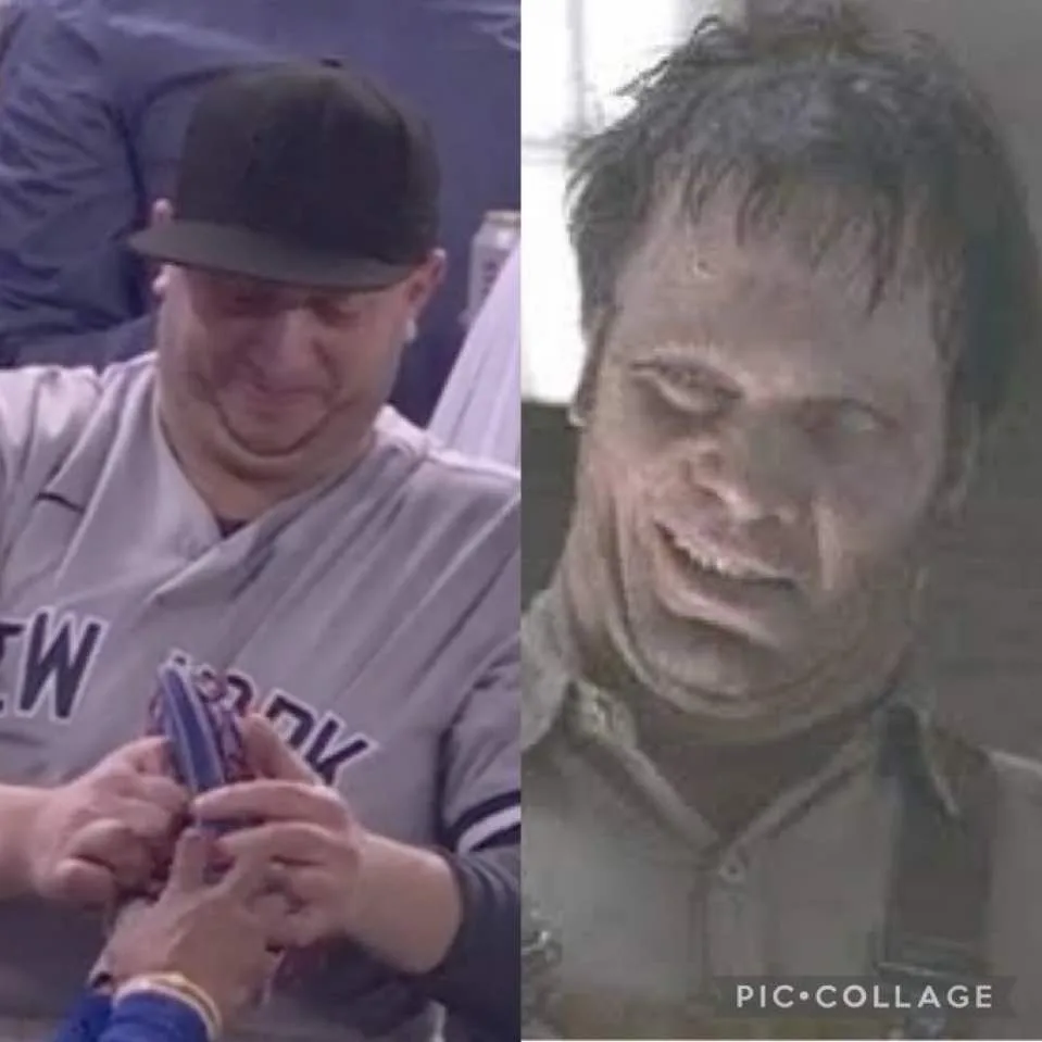 This split-image meme juxtaposes a baseball player in a New York uniform grimacing while signing an autograph on the left…