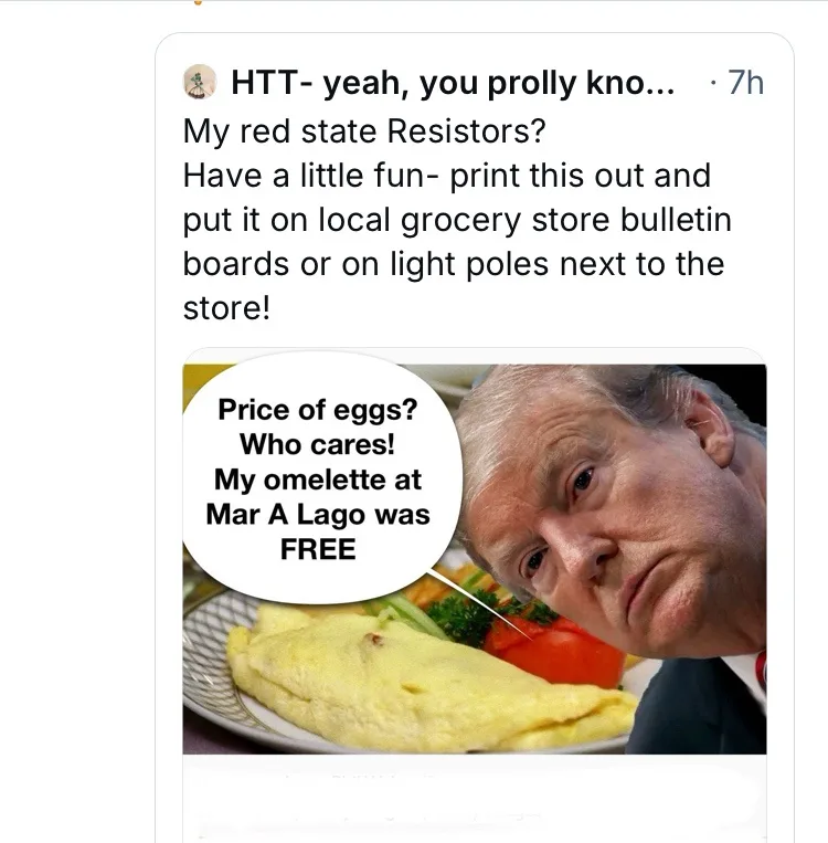 A close-up image of Donald Trump looking unimpressed, superimposed over a plate of food including an omelette and…
