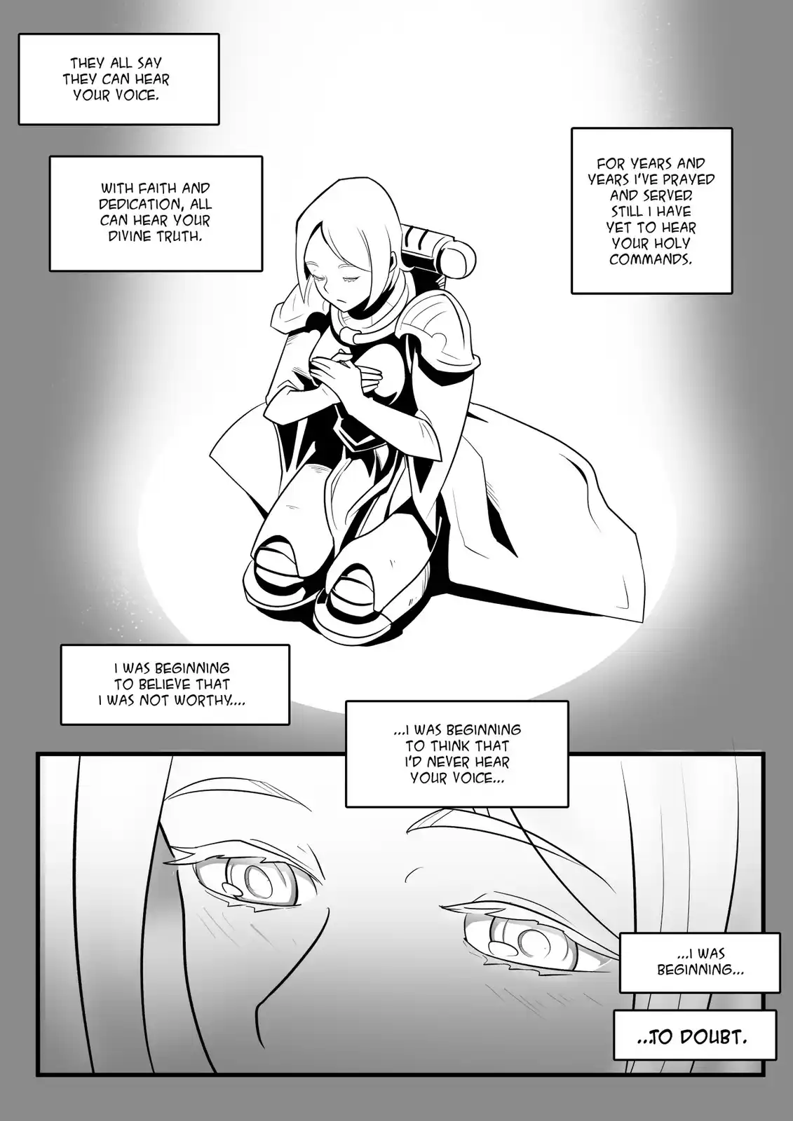 A black-and-white manga panel shows a kneeling, hooded figure in religious attire, clutching their chest with a sorrowful…