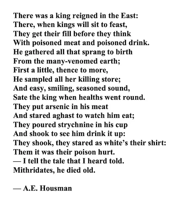 The image displays a poem by A.E. Housman titled 'There was a king reigned in the East,' which describes a king who eats and…