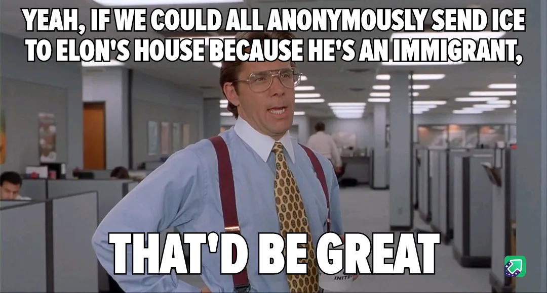 A man in a light blue shirt, patterned tie, and red suspenders stands in an office with cubicles, looking earnestly at the…