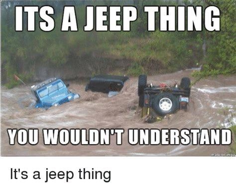 Three Jeeps are submerged and overturned in muddy floodwaters, with bold white text overlaid at the top and bottom reading…