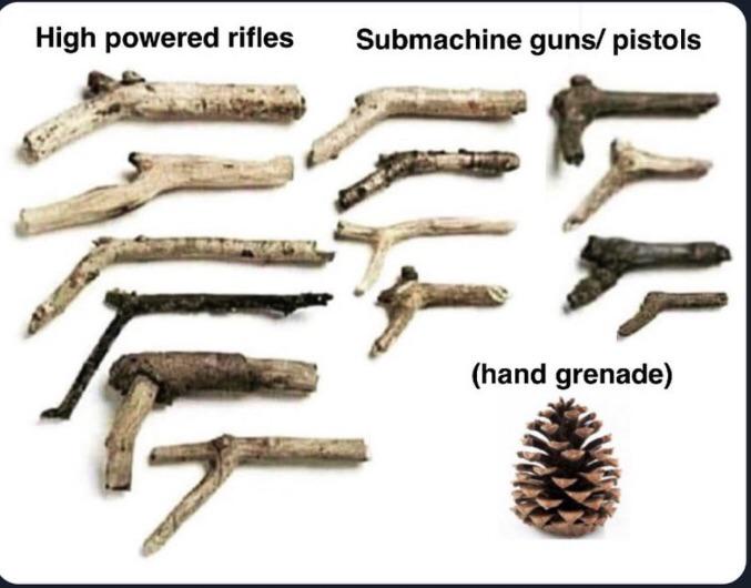 The image displays various sticks arranged to resemble firearms, labeled 'High powered rifles' and 'Submachine guns/…