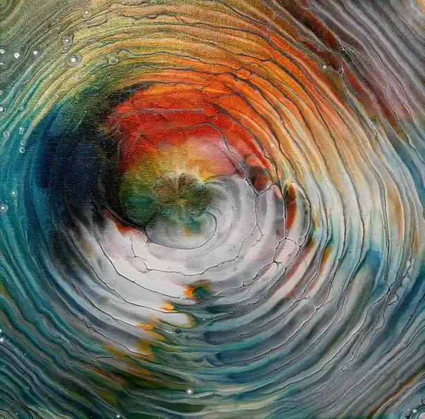 An abstract painting of swirling concentric rings in vibrant colors like orange, teal, and gray, resembling a cosmic vortex…