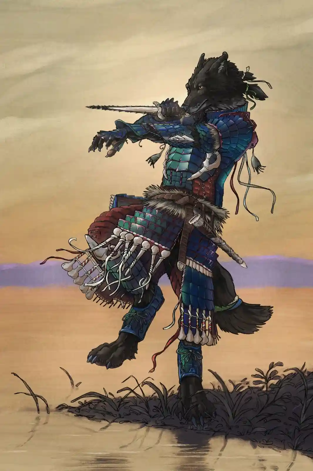 A black wolf in ornate blue and red samurai-style armor stands in a desert landscape, holding a sword and wearing bone…