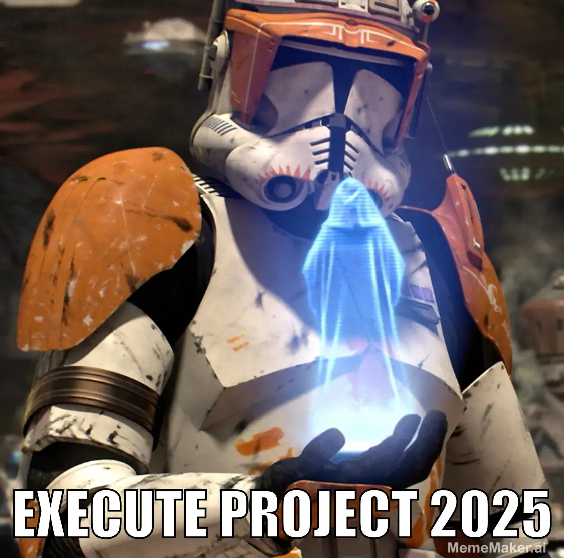 A close-up of a Star Wars clone trooper in orange and white armor, holding a glowing blue holographic projection in his…