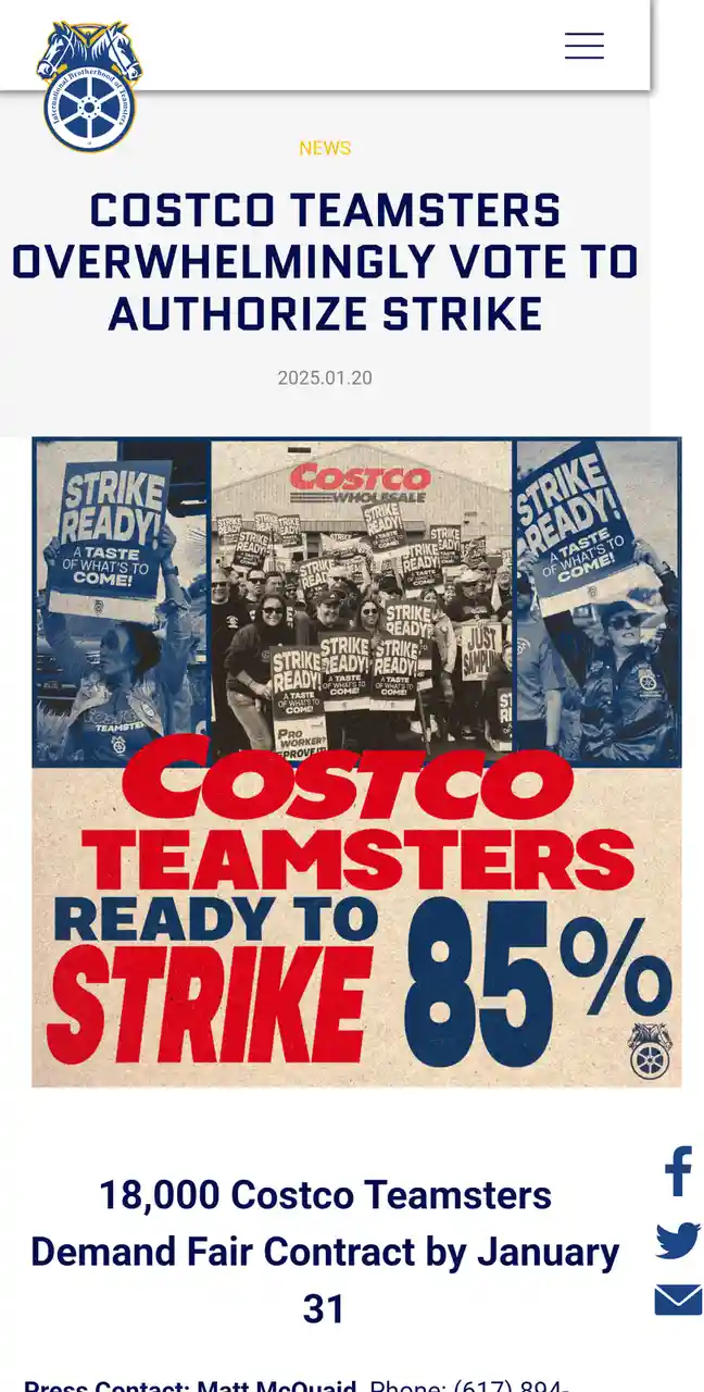 A news graphic from the International Brotherhood of Teamsters shows a protest with workers holding 'STRIKE READY! A TASTE…