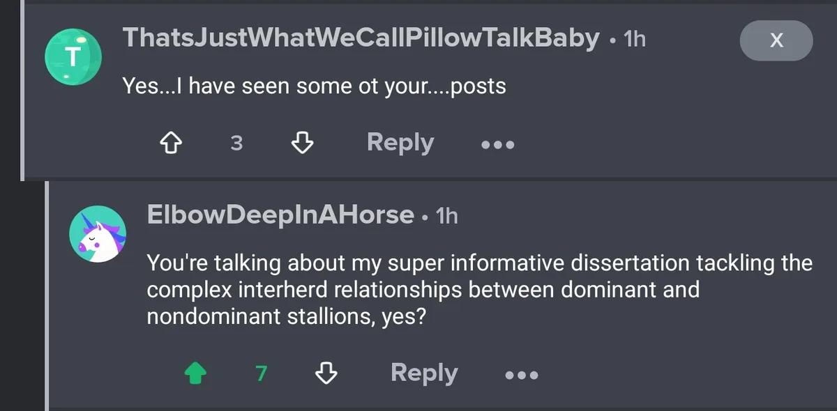 A screenshot of two Reddit comments. The top comment from 'ThatsJustWhatWeCallPillowTalkBaby' says 'Yes...I have seen some…