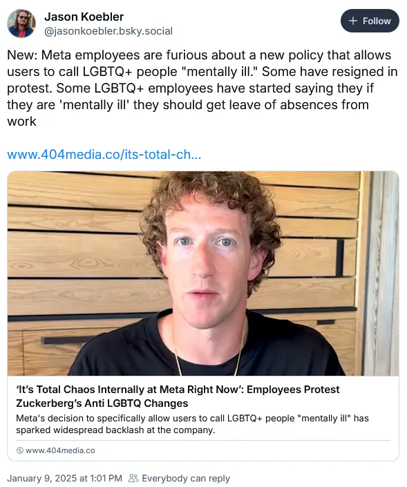 A screenshot of a tweet by Jason Koebler shows a photo of Mark Zuckerberg with overlaid text reading 'It's Total Chaos…