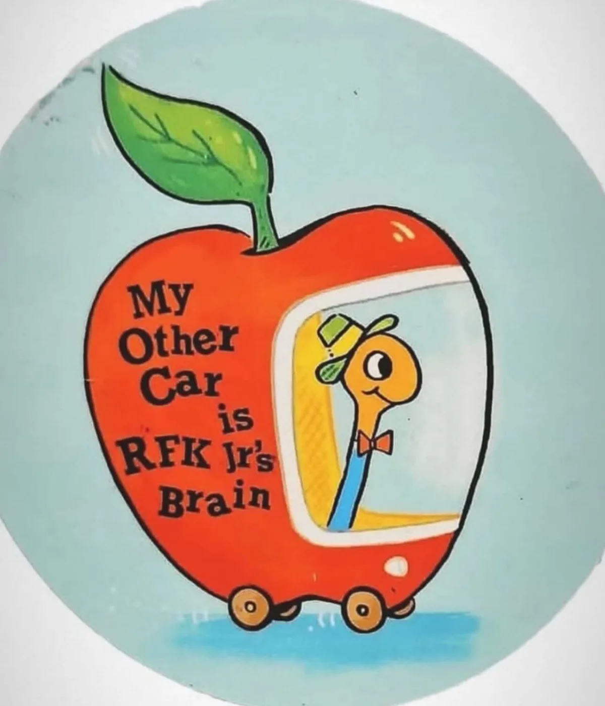 A cartoonish red apple with a green leaf on top is depicted as a car with four wheels and a windshield. Inside the…