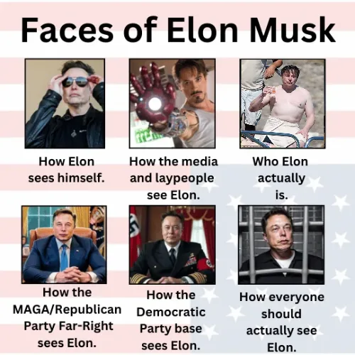 A six-panel meme titled 'Faces of Elon Musk' shows different portrayals of Elon Musk: a confident man in sunglasses, a…