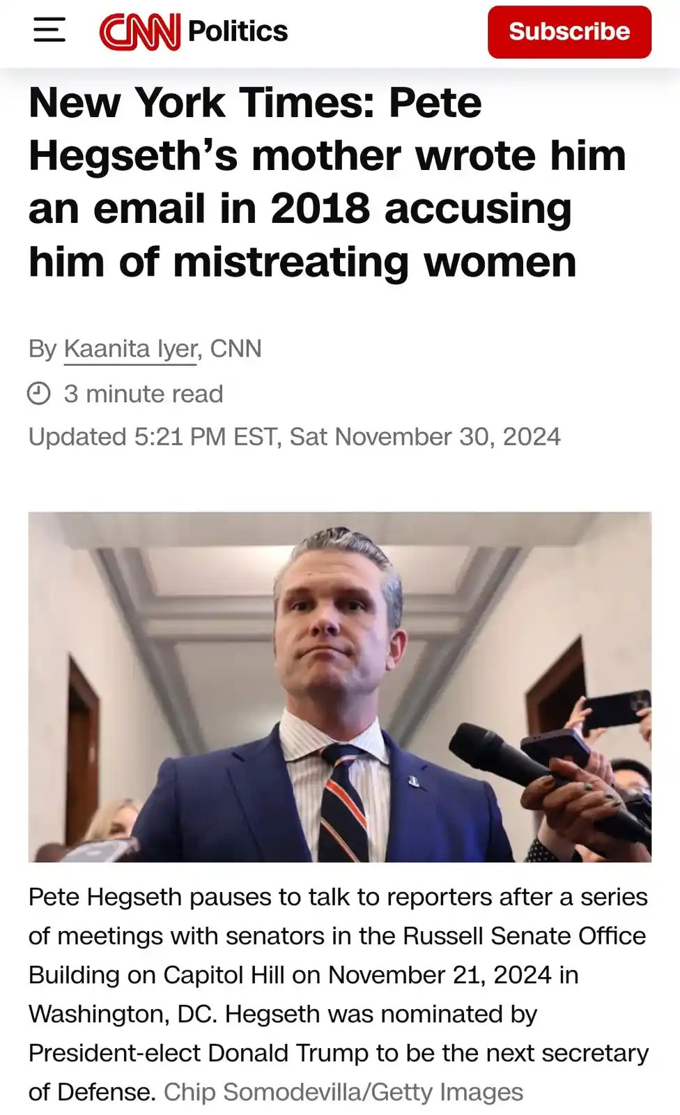 The image shows a screenshot of a CNN Politics article with a headline about Pete Hegseth's mother accusing him of…