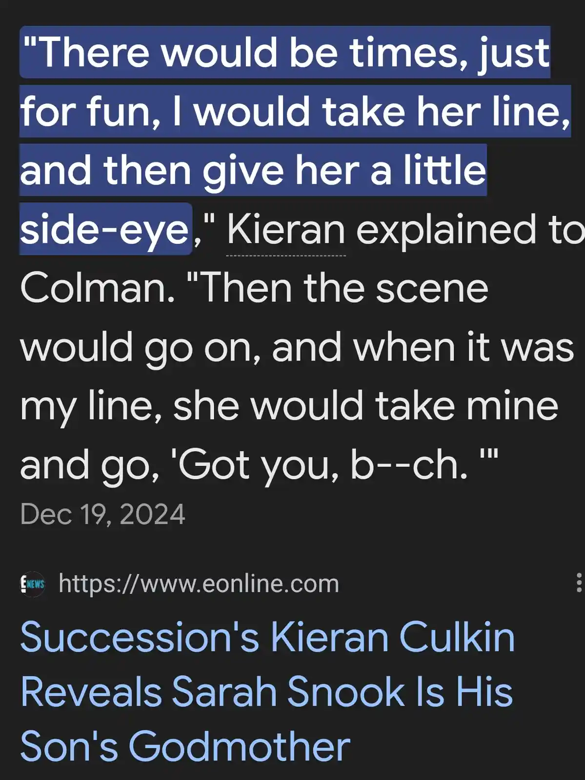 A screenshot of a news article snippet with highlighted text showing Kieran Culkin describing how he and Sarah Snook would…