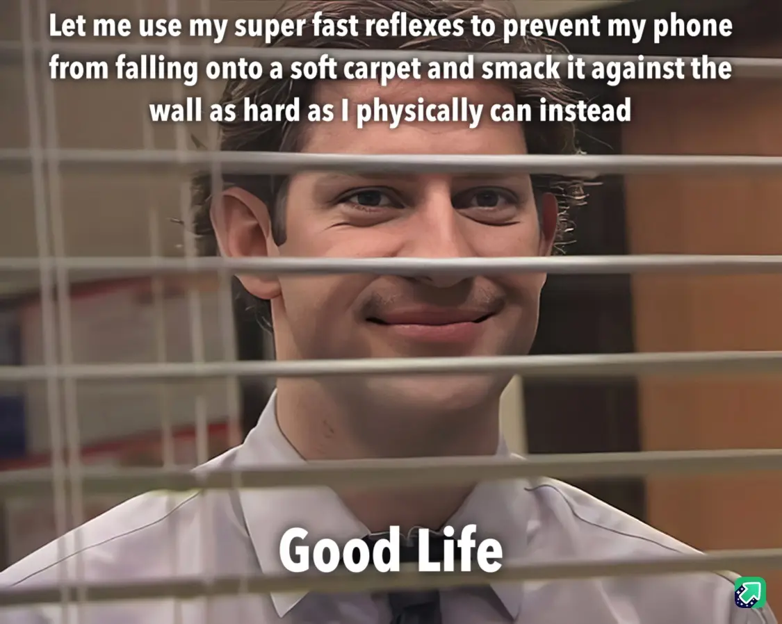 A man in a white collared shirt and tie smiles behind office blinds, with text overlaid that reads 'Let me use my super fast…