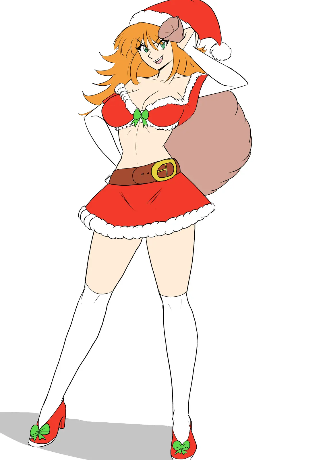 An anime-style female character with orange hair and green eyes wears a red and white Santa outfit, including a hat, a bra…
