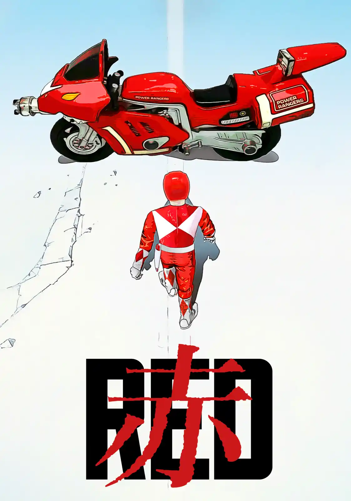 A red Power Rangers character in a red and white suit walks away from the viewer down a cracked white path, with a red Power…