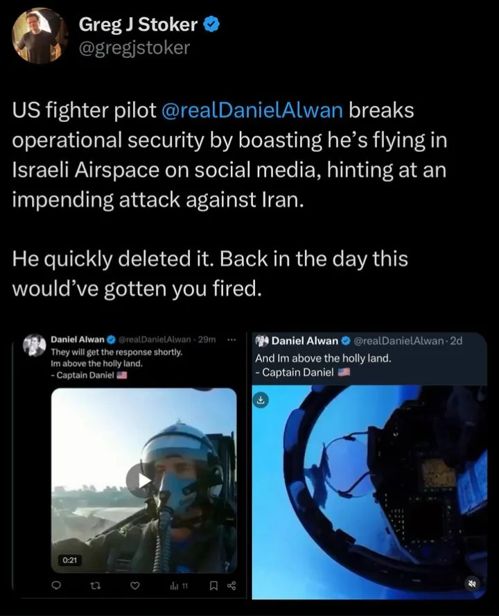 A screenshot of a tweet by Greg J Stoker criticizing US fighter pilot Daniel Alwan for posting on social media that he's…