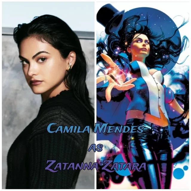 The image is split vertically: on the left, a real-life photo of actress Camila Mendes in a black sweater, looking at the…