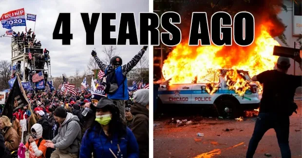 The image is split into two panels. The left panel shows a large crowd of people at a political rally, many holding signs…