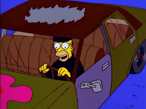 This meme consists of six panels showing Homer Simpson driving a green car with a pink flower emblem on the hood. In the top…