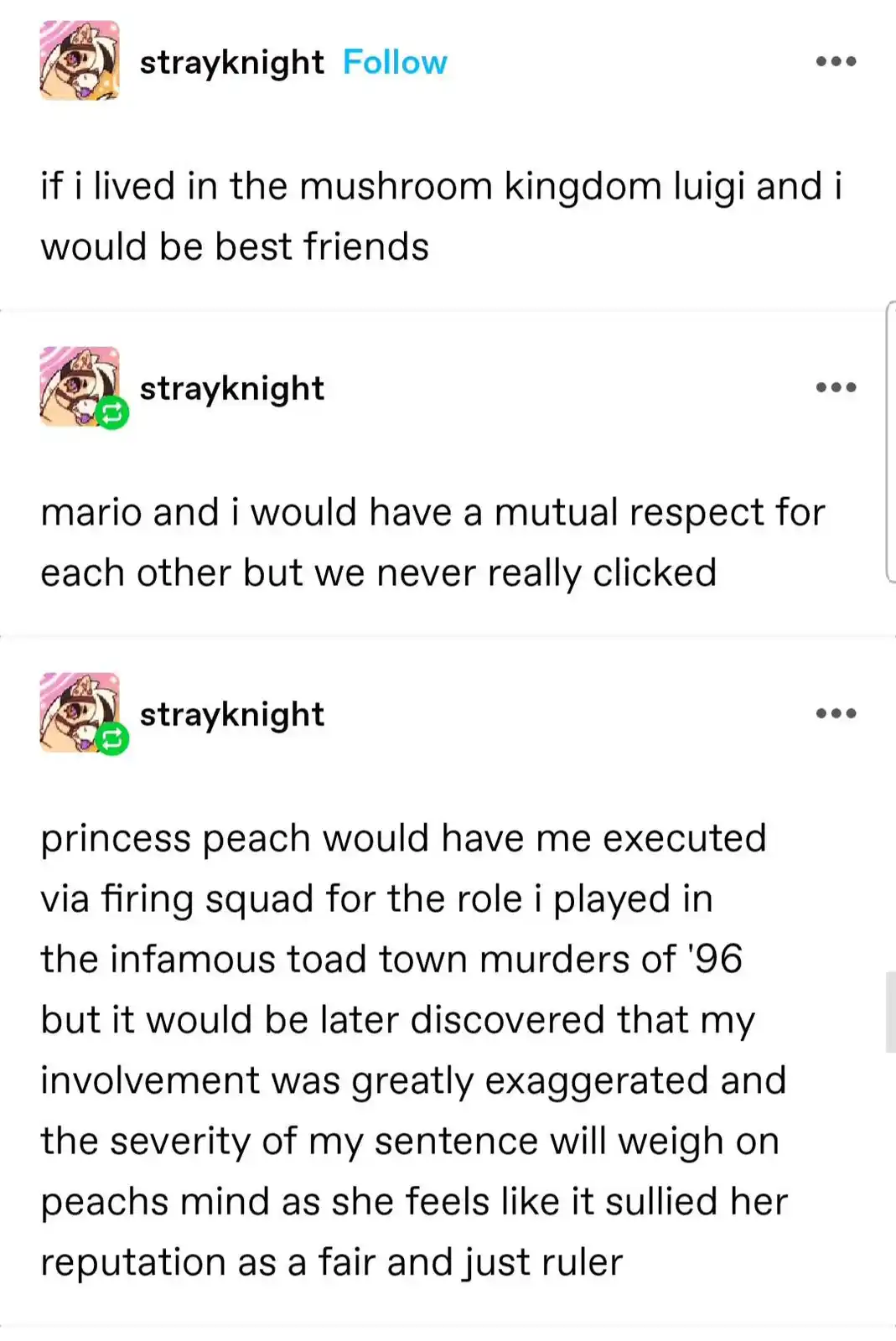 A screenshot of a social media post by 'strayknight' showing three comments. The first says 'if i lived in the mushroom…