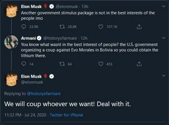 A screenshot of three Twitter posts: Elon Musk says a stimulus package isn't in the people's best interest. Armani replies…