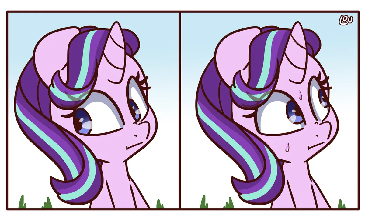 The image shows two panels of a purple unicorn pony with a teal and purple mane. In the left panel, she looks up with a…