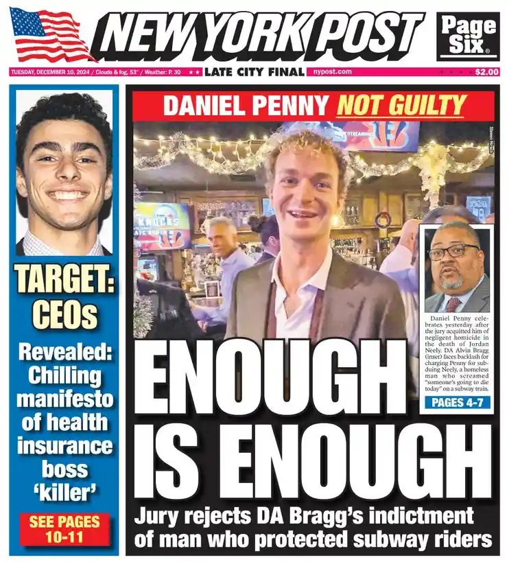 A fake New York Post front page shows Daniel Penny celebrating his 'not guilty' verdict in a bar, with the headline 'ENOUGH…