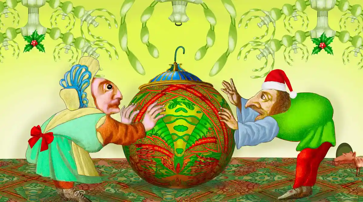 Two cartoonish, distorted human figures in festive attire—one wearing a Santa hat—struggle to lift a giant, ornate…