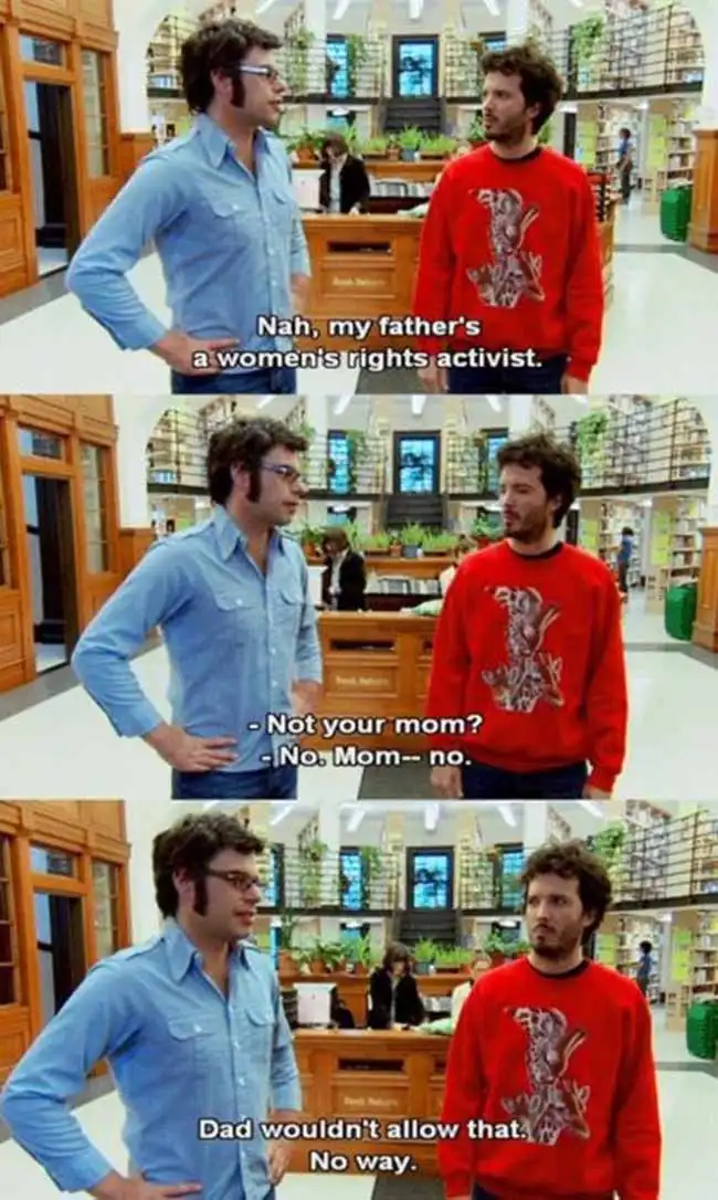 Three-panel meme from the TV show 'Community' featuring two male characters in a library. The man in the blue shirt says his…