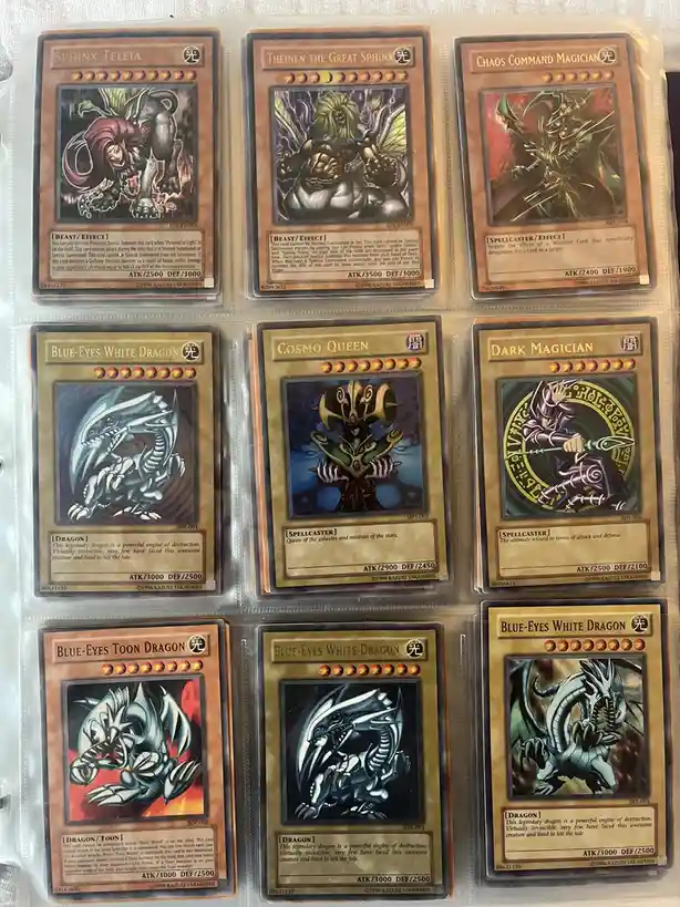 A collection of nine Yu-Gi-Oh! trading cards arranged in a grid, featuring iconic monsters like Blue-Eyes White Dragon, Dark…