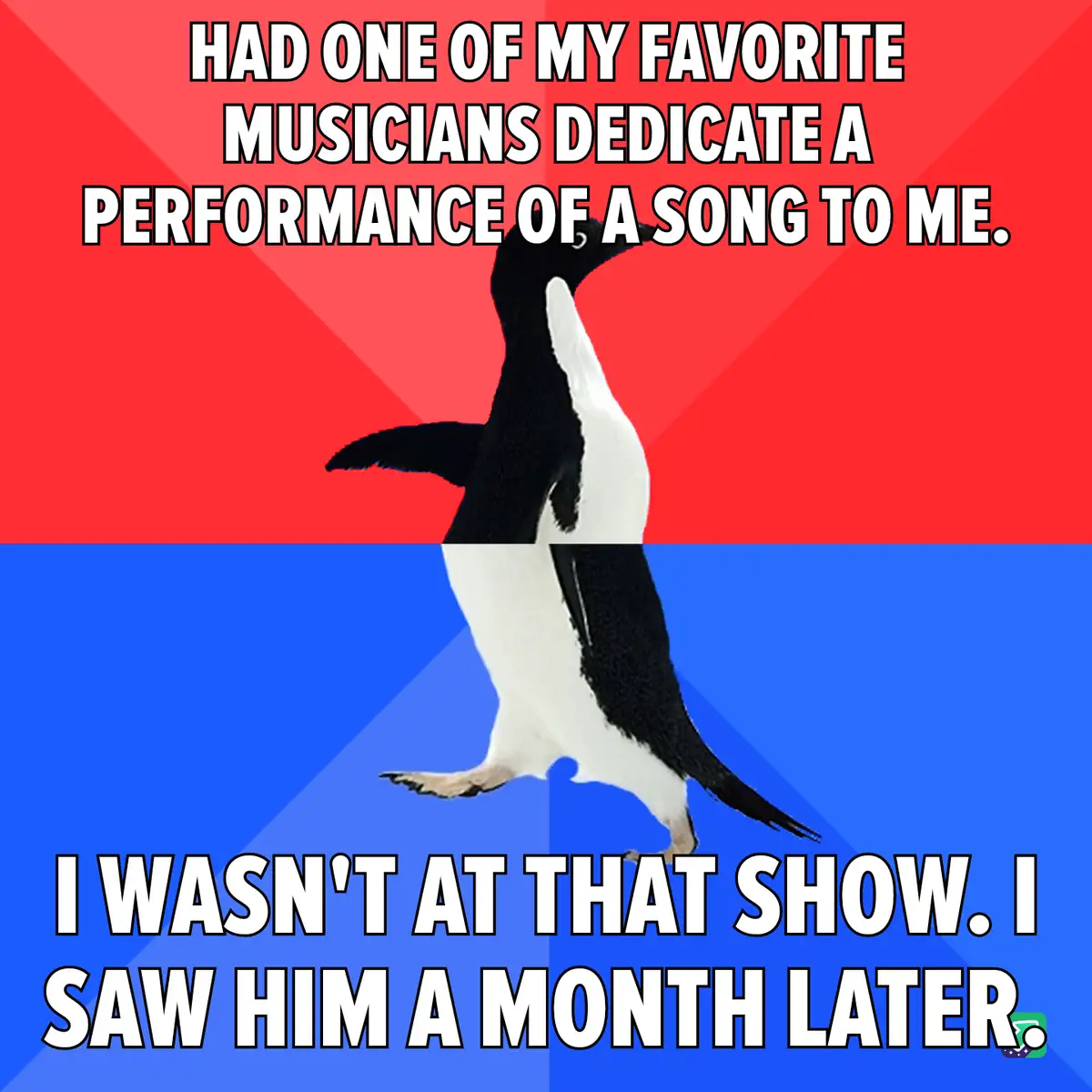 A penguin stands in the center of the image, split by a horizontal line, against a red top half and blue bottom half. The…