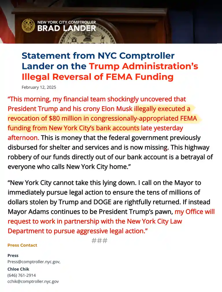 The image displays a fabricated press statement from NYC Comptroller Brad Lander, dated February 12, 2025, alleging that…