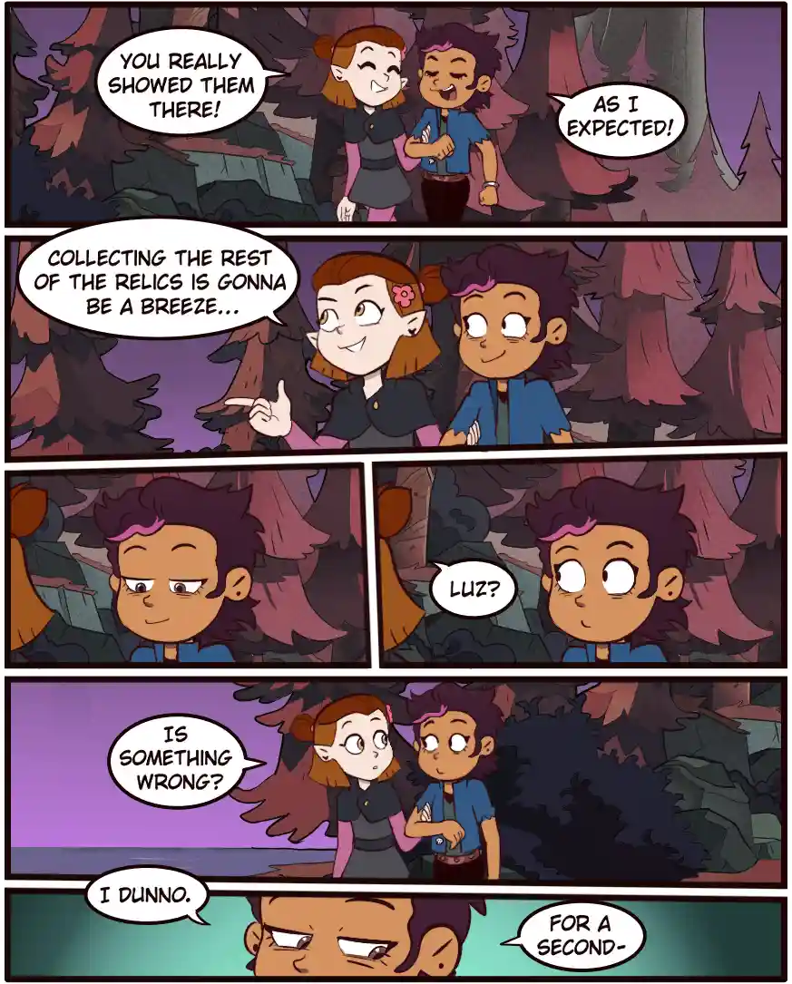 A comic strip from 'The Owl House' shows two characters, Luz and Amity, confidently discussing their success in a dark…
