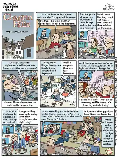 A comic strip by Ruben Bolling titled 'Chagrin Falls' shows a bar scene where patrons watch a TV news report about the Trump…